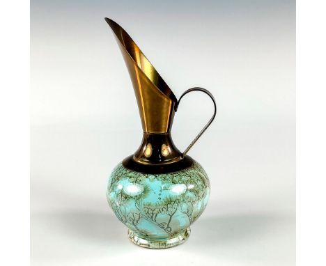 Turquoise toned with lustre finish &amp; branch patterning. With handle. Brass accented spout &amp; handle. Hand Painted Delf