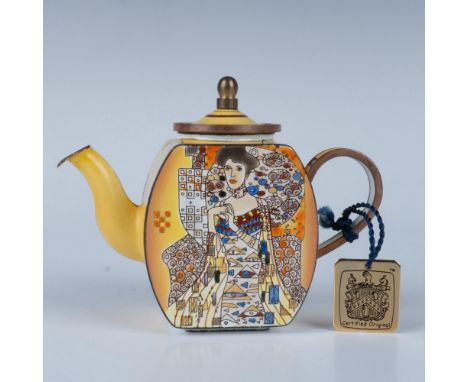 Beautiful copper and enamel miniature tea pot depicting Gustav Klimt's portrait of Adele Bloch. Trade Plus Aid backstamp and 