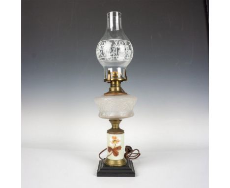 Electrical lamp made to imitate an oil lamp. Depicts a hand painted flower, clear raised flowers on matte glass with clear gl