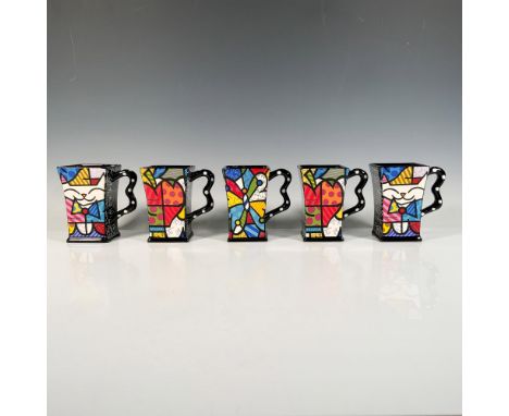 Black mugs featuring Romero Britto artwork that includes 1 butterfly mug, 2 heart mugs, and 2 well dressed cat mugs, with whi