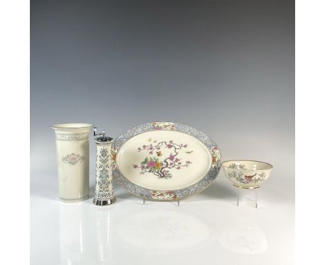 Four cream colored porcelain serveware and decorative items. Ming oval serving platter with 24K gold rims and a colorful desi