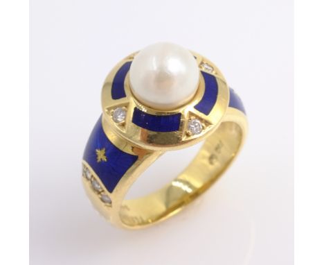 Victor Mayer for Faberge diamond, pearl and blue enamel 18ct gold ring, limited edition stamped 750 Faberge 34/300 with certi