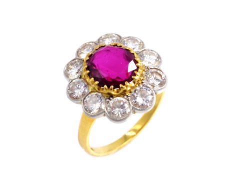 Ruby and diamond cluster gold ring, hallmarked 18ct, ruby 2.36 carat diamonds 2.05 carat, diamonds VVS1/H-G Condition Report 