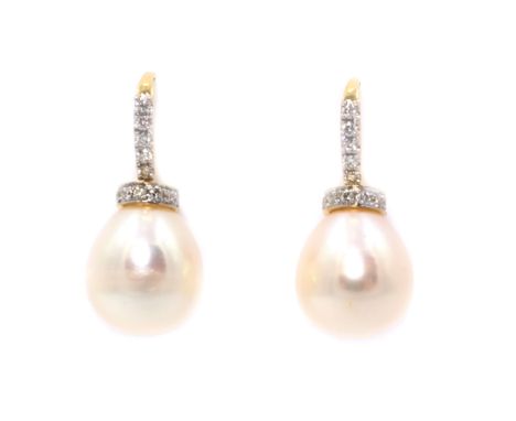 Pair of pearl and diamond white gold drop ear-rings, diamonds approx 0.4 carat, tested 18ct Condition Report Click here for f