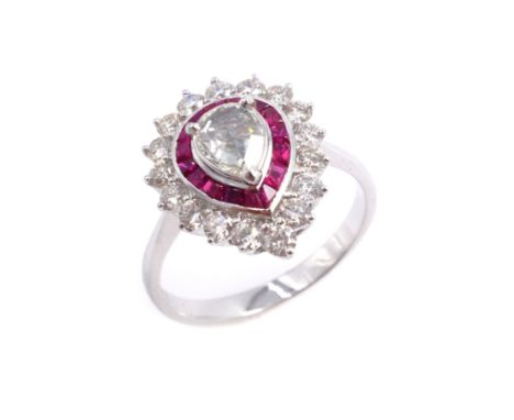 18ct white gold diamond and ruby cluster ring, pear shaped diamond approx 0.7 carat stamped 750 Condition Report Size MClick 