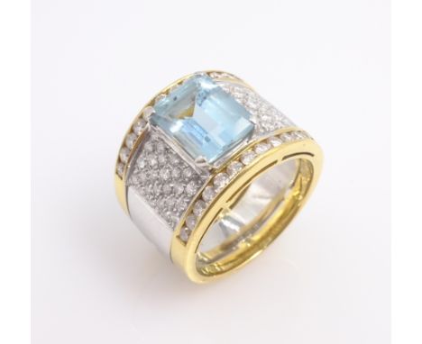 Aquamarine and diamond white and yellow 18ct gold ring, aquamarine 3.7 carat stamped 750 Condition Report Aquamarine length 1