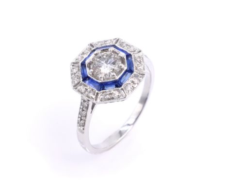 Art Deco style diamond and sapphire white gold ring, stamped 18k Condition Report size M-NClick here for further images, cond