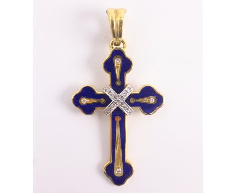 Victor Mayer for Faberge diamond and blue enamel 18ct gold cross pendant, limited edition 73/300 hallmarked with certificate 