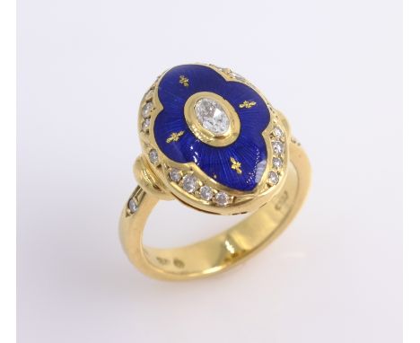 Victor Mayer for Faberge diamond and blue enamel oval gold ring, limited edition hallmarked 18ct stamped Faberge 59/300 with 