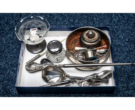 Miscellaneous Silver and Silver Mounted Items including coaster, Birmingham, B &amp; Co., lace hooks, glass pin bowl, glass t