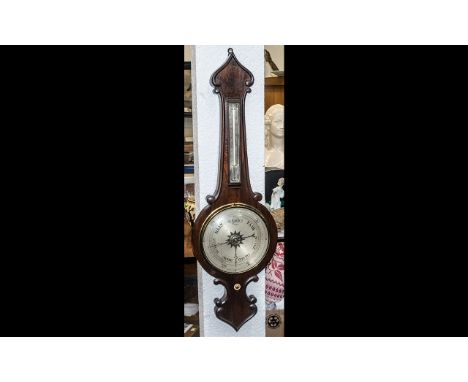 Early Victorian Rosewood Banjo Barometer with onion top; a mercury, wall barometer with a silvered, etched dial; 40 inches (a