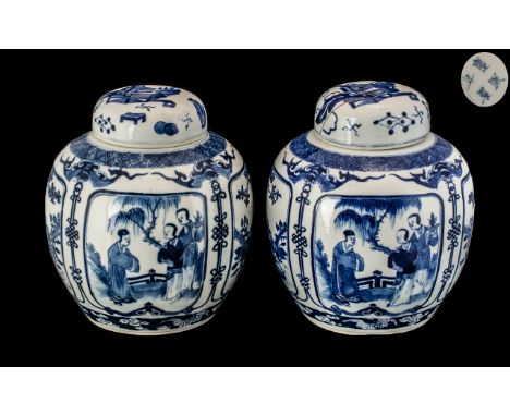 A Pair Of Blue And White Kangxi Ginger Jars With Covers Each of globular, baluster form, each decorated with vignettes of att