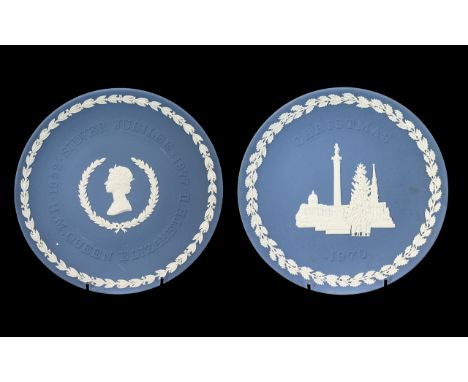 Wedgwood Blue Jasper Early Christmas Plate, second year of collection 1970, together with a blue Jasper 10'' plate H M The Qu
