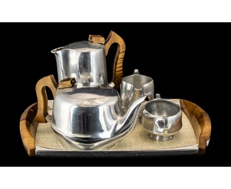 Art Deco Style Picquot Ware Tea Set, comprising a Tea Pot, Hot Water Pot, Milk Jug and Sugar bowl, with decorative maple hand