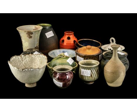 Large Collection of Art Pottery: Ambleside Pottery, 6 vases, 5 lidded jars and 4 bowls, impressed marks K and LE (15)