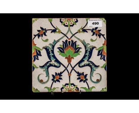 Large Minton &amp; Hollins Isnik Pattern Tile, impressed marks to back, c1870s. 8 inches (20cms) square