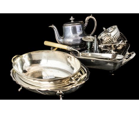 Three Silver Plated Entree Dishes ( No Lids ) Plated Chamber Stick, Small Plated Teapot, Bon Bon Dish, Sugar Basket etc.( 8 )