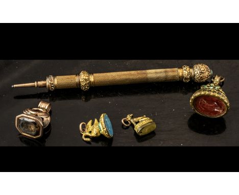 Victorian Yellow Metal Propelling Pencil, Engine Turned Body, Chased Floral Terminal Set With A Turquoise Cabochon. Together 