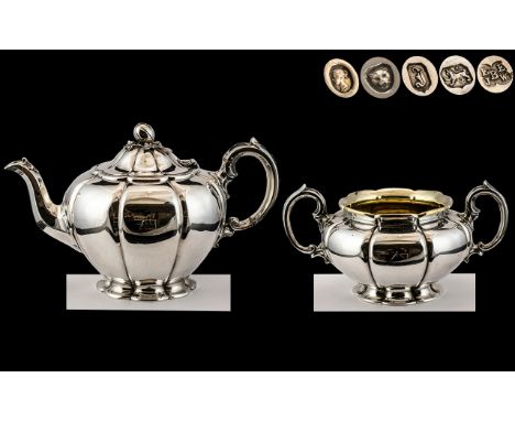 Barnard Brothers - Superb Quality Matched Silver Teapot and Large Twin Handle Sugar Bowl, Melon Shape. Hallmark London 1844 -