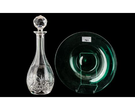 Whitefriars Green Glass Shallow Bowl, circa 1950/60's, 10" diameter.  Together with a Royal Doulton cut glass tall decanter, 