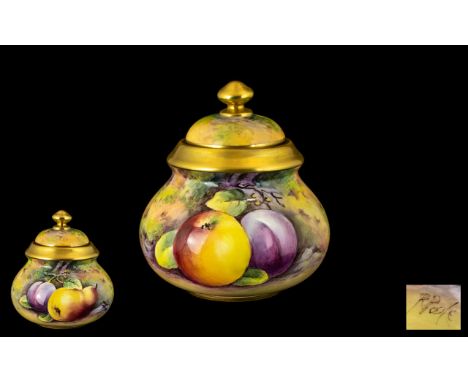 Royal Worcester Ex-Artist Signed and Hand Painted Lidded Preserve Pot ' Fallen Fruits ' Plums, Apples Still Life. Signed R. P