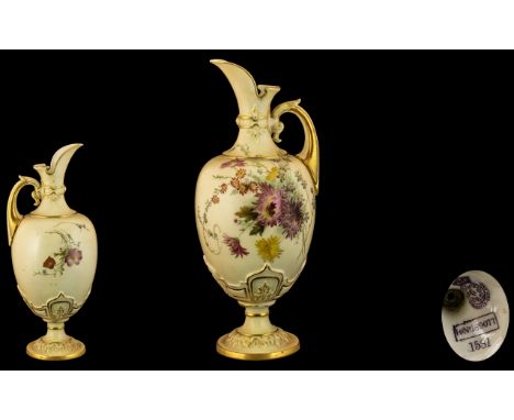 Royal Worcester Hand Painted Blush Ivory Jug / Ewer In The Classical Style, Decorated with Painted Images of Spring Flowers, 