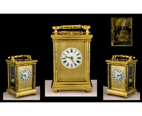 Antique Period French - Superb Quality Gilt Metal 8 Day Repeating Carriage Clock, Striking on Gong / Rod, WIth White Porcelai