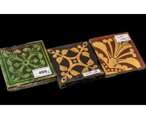 Two Small W Godwin Encaustic Pottery Tiles plus one Maw &amp; Co. tile, c1860s/70s, 4 inches (10cms) square (3)