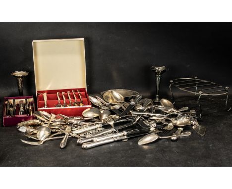 Three Boxes of Miscellaneous Silver Plated Cutlery, small vases, candlestick, crumb scoops etc