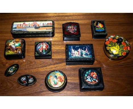 Collection of 9 Russian Boxes, comprising of assorted shapes and designs, lacquered and painted, including oblong 6" long dep