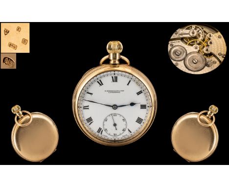 Swiss Made Excellent 9ct Gold - Keyless Open Face Pocket Watch, Signed to Dial - M. Harrison &amp; Son Liverpool. Hallmark Ch