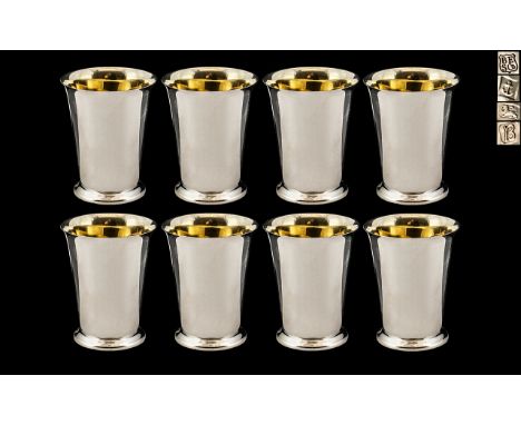 Elizabeth II Superb Set of Eight Sterling Silver Beakers / Cups, With Gilt Interior and of Tapered Form and Excellent Proport