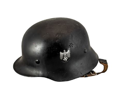 German  M-35/M-40 Double Decal Steel Helmet, Leather liner and leather chinstrap. Twin Pepperpot vents. Overall Good Conditio