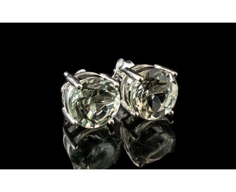 Green Amethyst Round Stud Earrings, two 3.5ct round cut, sparkling mint green amethysts set in platinum vermeil and silver po