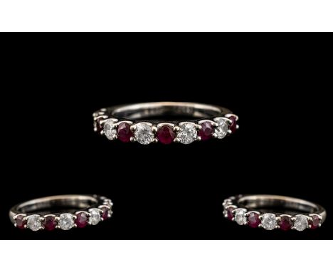 Ladies - Attractive Contemporary Designed 9ct White Gold Diamond and Ruby Set Half - Eternity Ring. The 5 Round Diamonds of W