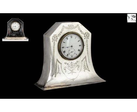 Edwardian Silver Miniature Dressing Table Clock with a white enamel dial and Swiss movement; maker JC Ltd, London; 4.5 inches