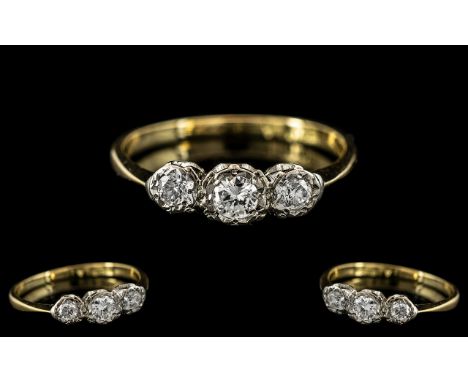 18ct White Gold and Platinum Attractive 3 Stone Diamond Ring. The Diamonds of Excellent COlour / Clarity. Ring Size O. The Sh