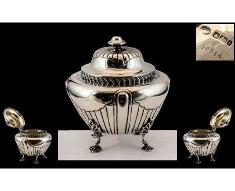 Late Victorian Period - Superb Quality Sterling Silver Hinged Tea Caddy, Wonderful Design and Form, Standing on 4 Webb and Sh