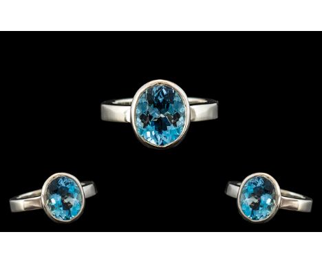 Ladies - Superb Quality and Contemporary Platinum - Single Stone Aquamarine Set Ring. Marked 950 to Interior of Shank with Fu