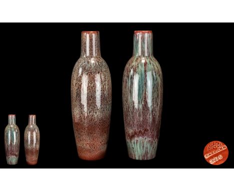 A Pair of Large Bretby Vases, with Ruskin type drip/mottle glazes in reds and pale greens.  Height 18.5", marks to base, mode