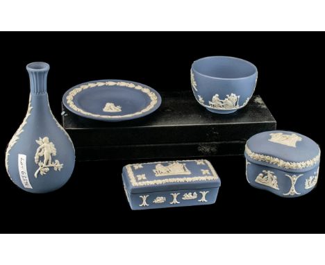 A Small Collection of Wedgwood Jasperware, to include two trinket boxes, pin tray, bud vase and dish, five pieces in total.