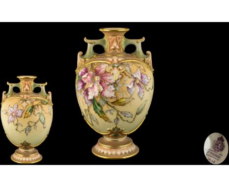 Royal Worcester Superb Hand Painted Twin Handle - Globular Shaped Vase, Decorated In Painted Raised Enamel Floral Images on B