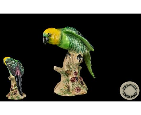 Beswick - Hand Painted Bird Figure ' Parakeet ' Model No 930. Designer A. Gredington. Issued 1941 - 1975, Height 6 Inches - 1
