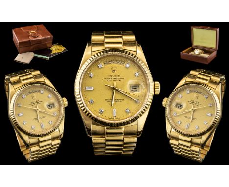 Rolex - 18ct Gold Gents Oyster Perpetual Diamond Dial Chronometer Wrist Watch, With President Bracelet. Features Diamond Set 