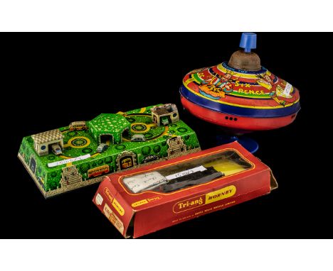 Tinplate Chad Valley Humming/ Spinning Top, Russian tinplate car game in box, and Hornby Triang boxed engine (3)