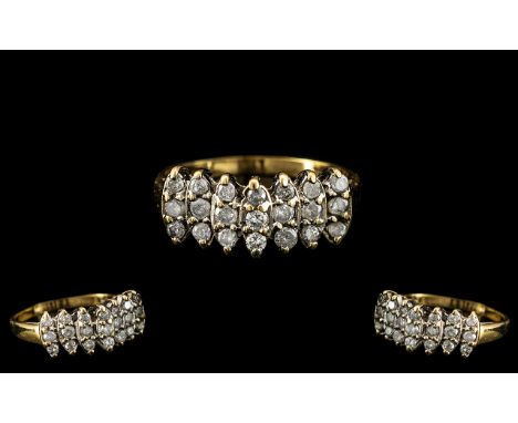 Ladies 10 ct Gold - Attractive Diamond Set Dress Ring with 21 Diamonds, Set In 7 Sections of 3. Est Diamond Weight 0.60 pts. 