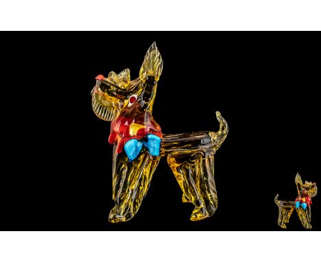 Murano 1970's Large Novelty Multi-Colour Glass Figure of A Scottish Terrier. Wearing a Blue Bow-Tie and Red Collar, Excellent