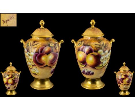 Royal Worcester Ex Artist Brian Cox Signed and Hand Painted Pair of Lidded Fruit Vases ' Fallen Fruits ' Still Life to All ro