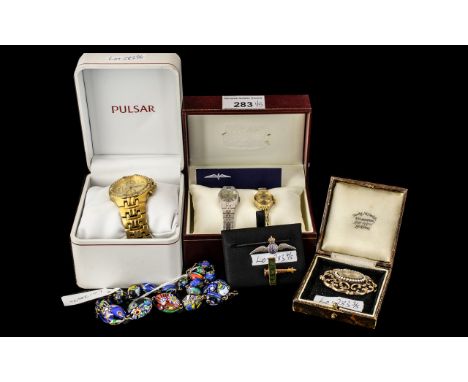 A Collection of Costume Jewellery to include a gents Pulsar chronograph wristwatch, two ladies Rotary watches, a Milliflora b