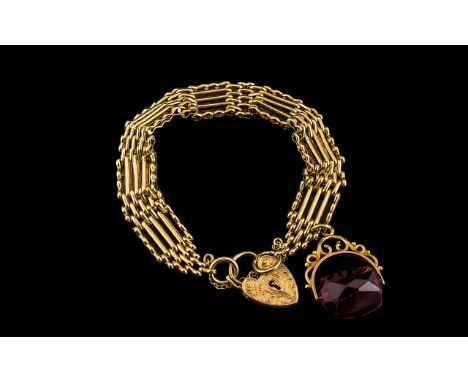 Antique Period 9ct Gold - Fancy 5 Bar Gate Bracelet with Heart Shaped Padlock and Safety Chain ( Ornate ) Attached 9ct Gold S